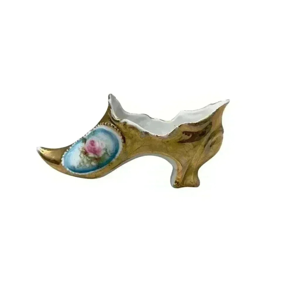 Vintage Victorian Porcelain Mini Shoe Gold & Pink Painted with Pink Rose Rare